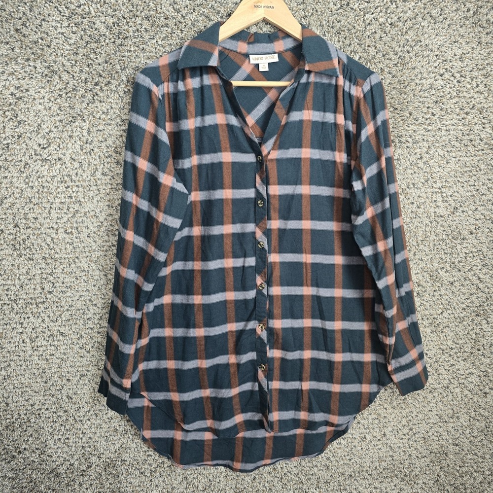 Knox Rose Top Womens Medium Teal Brown Button‎ Up Flannel Casual Ladies